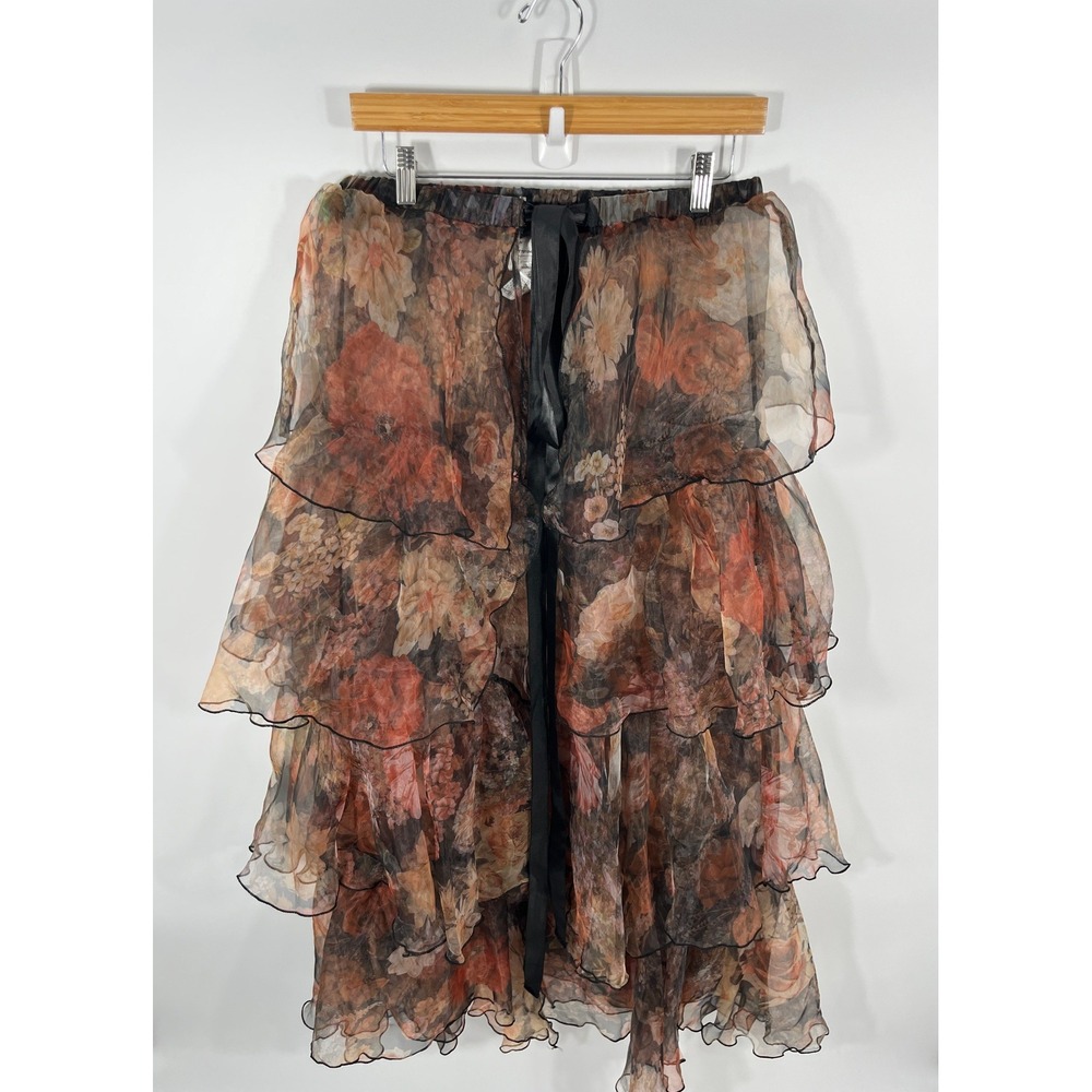 Womens Sheer Wrap Maxi Skirt L Orange Floral Tiered Ruffle Boho Chic Festival